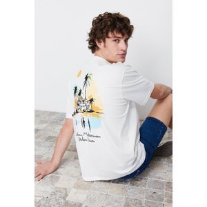 Trendyol Ecru Men's Relaxed/Comfortable Cut Landscape Printed 100% Cotton Short Sleeve T-Shirt