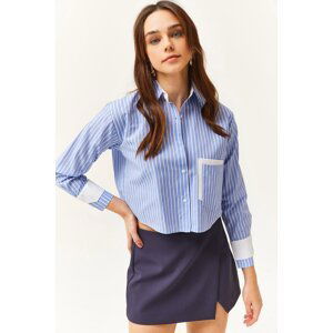 Olalook Women's Blue White Pocket and Cuff Detail Striped Crop Shirt