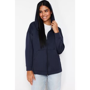Trendyol Navy Blue Hooded Zippered Pocket Diver/Scuba Knitted Tunic Cardigan
