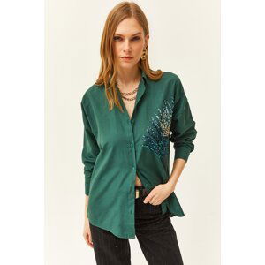 Olalook Women's Emerald Green Palm Sequin Detailed Oversize Woven Poplin Shirt