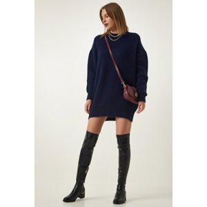 Happiness İstanbul Navy Blue Oversize Long Basic Knitwear Sweater