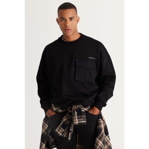 AC&Co / Altınyıldız Classics Men's Black Oversize Wide-Fit Fleece Yarn Crew Neck 100% Cotton Sweatshirt