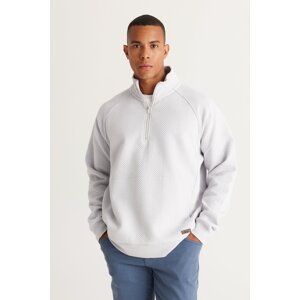 AC&Co / Altınyıldız Classics Men's Light Gray Loose Fit Stand-Up Bato Collar Inner Fleece 3 Thread Patterned Sweatshirt