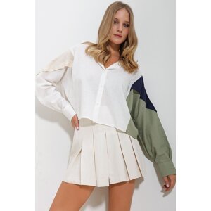 Trend Alaçatı Stili Women's White Color Block Linen Crop Shirt