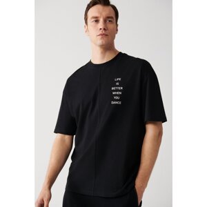 Avva Men's Black Oversize 100% Cotton Crew Neck Slogan Printed T-shirt
