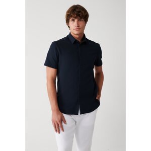 Avva Men's Navy Blue Easy-to-Iron Classic Collar Knitted Lycra Cotton Slim Fit Slim Fit Short Sleeve Shirt