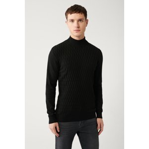 Avva Men's Black Knitwear Sweater Half Turtleneck Front Textured Cotton Standard Fit Regular Cut