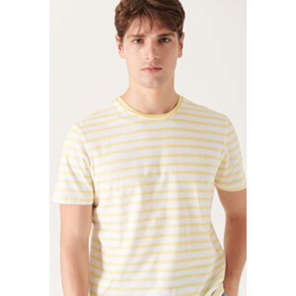 Avva Men's Yellow Striped Cotton T-shirt