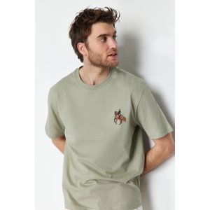 Trendyol Mint Men's Relaxed/Comfortable Cut Horse/Animal Embroidery Short Sleeve 100% Cotton T-Shirt