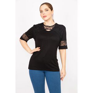 Şans Women's Black Plus Size Flock Tulle Detail Blouse