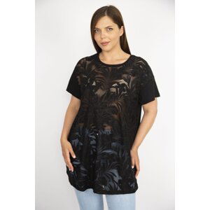 Şans Women's Large Size Black Flocking Front Crew Neck Short Sleeve Blouse