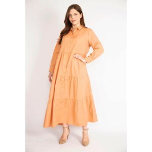 Şans Women's Orange Plus Size Front Buttoned Tiered Long Sleeve Dress