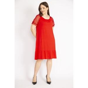 Şans Women's Red Plus Size Sleeves Tulle Collar Rubber Detailed Skirt Tip Layered Dress