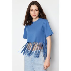 Trendyol Indigo 100% Cotton Tassel Detailed Knitted T-Shirt