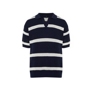 Trendyol Navy Blue Men's Regular Fit Striped Leakage Pat Limited Edition Knitwear Polo Collar T-Shirt