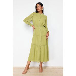 Trendyol Lined Chiffon Woven Shirt Dress with Green Sleeves and Gipe Detail on the Waist