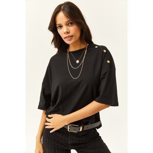 Olalook Women's Black Shoulder Gold Buttoned Cotton T-Shirt