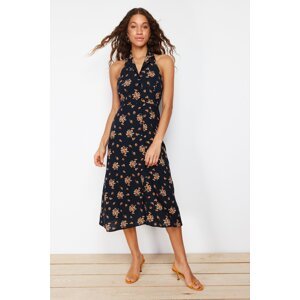 Trendyol Black Floral Shirt Collar Viscose Midi Woven Dress