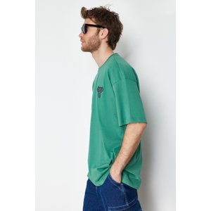 Trendyol Green Men's Oversize Mystic Animal Embroidered 100% Cotton T-Shirt