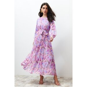 Trendyol Pink Floral Sash Detailed Lined Chiffon Woven Dress