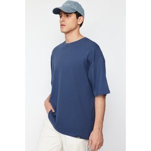 Trendyol Limited Edition Indigo Men's Oversize 100% Cotton Labeled Textured Basic Thick T-Shirt