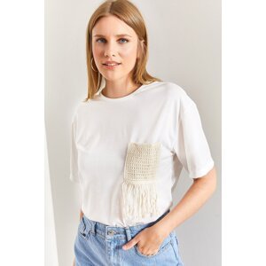 Bianco Lucci Women's Pocket Tassel Patterned Combed Cotton Tshirt