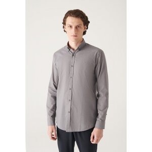 Avva Men's Anthracite 100% Cotton Thin Soft Touch Buttoned Collar Long Sleeve Standard Fit Normal Cut Shirt