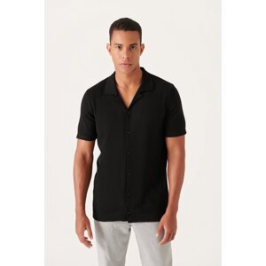 Avva Men's Black Cuban Collar Short Sleeve Slim Fit Slim Fit Knitwear Cardigan