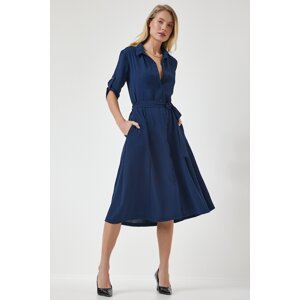 Happiness İstanbul Women's Navy Blue Belted Shirt Dress