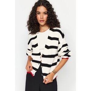 Trendyol Ecru Striped Jewel Button Knitwear Cardigan