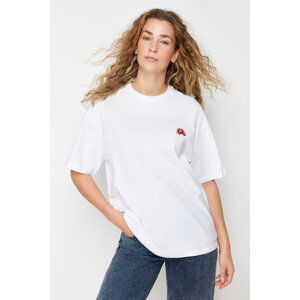 Trendyol White 100% Cotton Embroidered Oversize/Wide Fit Crew Neck Knitted T-Shirt