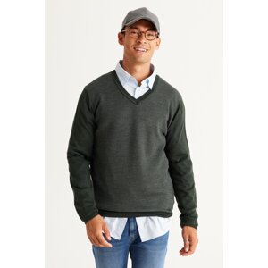 ALTINYILDIZ CLASSICS Men's Green-Grey Standard Fit Regular Fit V Neck Knitwear Sweater