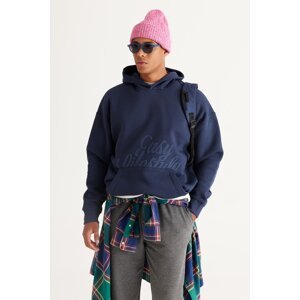 AC&Co / Altınyıldız Classics Men's Indigo Oversize Fit Loose Cut Hooded 3 Thread Printed Sweatshirt with Fleece Inside