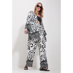 Trend Alaçatı Stili Women's Black and White Kimono Jacket And Palazzo Pants Suit
