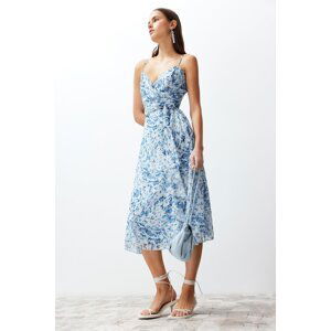 Trendyol Blue Animal Pattern Skirt Flounce Chiffon Lined Midi Woven Dress