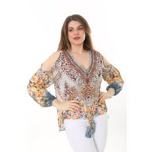 Şans Women's Plus Size Colorful Collar Stone Detailed Decollete Front Laced Chiffon Blouse