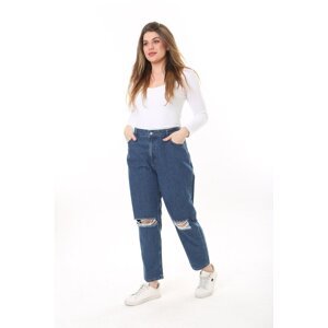 Şans Women's Plus Size Navy Blue Wash Effect Ripped Detail High Waist Denim Trousers