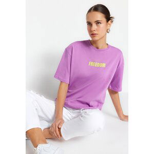 Trendyol Lilac 100% Cotton Slogan Printed Relaxed Crew Neck Knitted T-Shirt