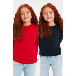 Trendyol Navy Blue-Red 2 Pack Basic Girl's Knitted T-Shirt
