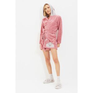 Trendyol Powder Belted Animal Figured Hooded Wellsoft Knitted Dressing Gown