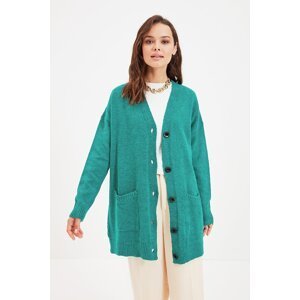 Trendyol Emerald Green Button Detailed V-Neck Long Knitwear Cardigan With Pocket