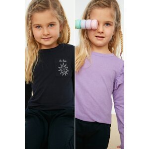 Trendyol Navy Blue-Lilac 2 Pack Girls' Knitted T-Shirt with Pocket Detail and Ruffles