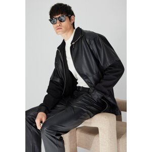 Trendyol Limited Edition Men's Black Oversize High Neck Knitted Garnish PU Seasonal Jacket Coat