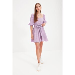 Trendyol fialový pas otevřený čtvercový límec mini tkané šaty