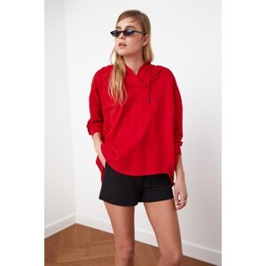 Trendyol Red Hoodie and Pocket Loose Knitted Thin Sweatshirt