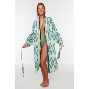 Trendyol Ethnic Pattern Belted Maxi Weave Kimono & Kaftan 100% Cotton With Accessory Accessories