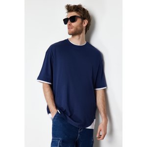 Trendyol Navy Blue Oversize/Wide-Fit White Paneled Short Sleeve 100% Cotton T-Shirt
