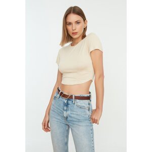 Trendyol Beige Fitted Gathered Crop Knitted Blouse