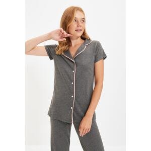 Trendyol Anthracite Cotton Piping Detailed Shirt-Pants Knitted Pajama Set