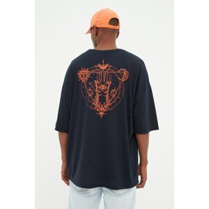 Trendyol Navy Blue Men's Oversize/Wide Cut Crew Neck Short Sleeve Mystic Printed T-Shirt